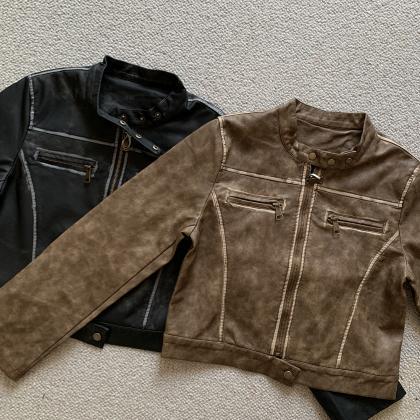 Vintage Motorcycle Jacket Pu Leather Short Top