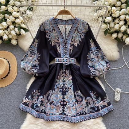 Light Luxury Print Dress With V-neck Puffy Sleeves