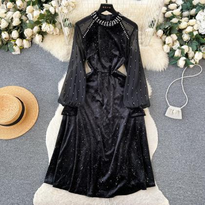 Black Velvet Dress With Diamonds And Sequins
