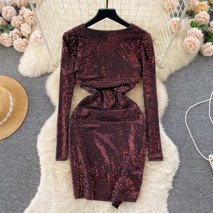 Sequined V-neck Long Sleeve Bodycon Dress