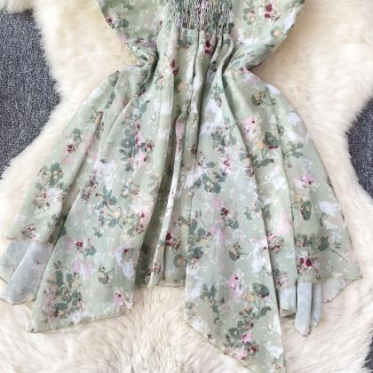 French Vintage Floral Halter Dress With Irregular..