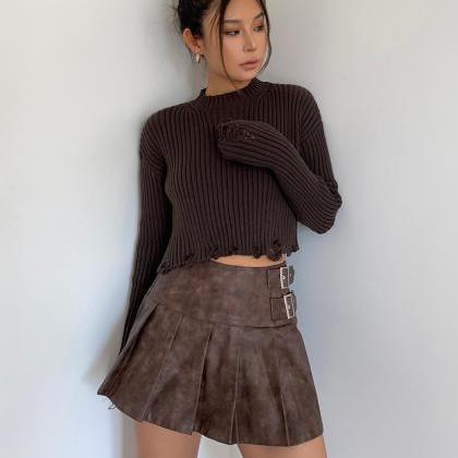 Maillard Coffee Color Leather Skirt Tie Dye Pu..