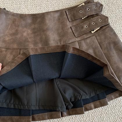 Maillard Coffee Color Leather Skirt Tie Dye Pu..