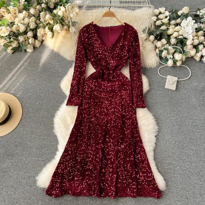 Vintage Velvet Sequined Dress Midi Party Dress