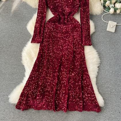 Vintage Velvet Sequined Dress Midi Party Dress