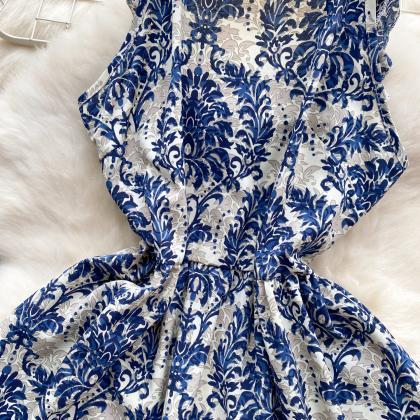 Vintage Print Holiday Dress Sweet Fly Sleeve Short..