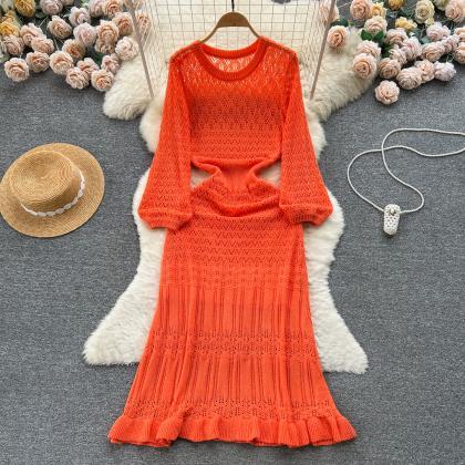 Gentle Atmosphere Hollow Puff Sleeve Long Knit..