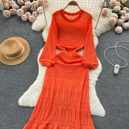 Gentle Atmosphere Hollow Puff Sleeve Long Knit..