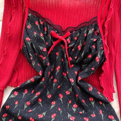 Sweet Short Knit Cardigan Vintage Floral Halter..