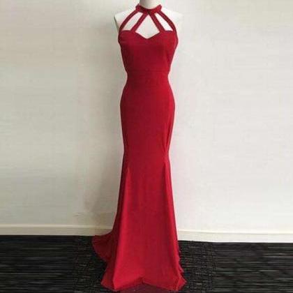 Red Halter Prom Dress,backless Sheath Evening..