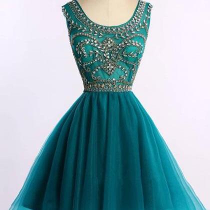 Green Round Neck Tulle Short Prom Dress, Cute A..