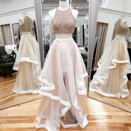 Champagne Two Pieces Beading Prom Dress,tulle..