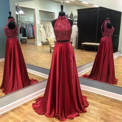 Two Pieces Long Prom Dresses,high Neck Beading..