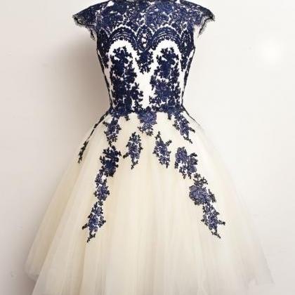 High Neck Cap Sleeves Royal Blue Lace Tulle Short..