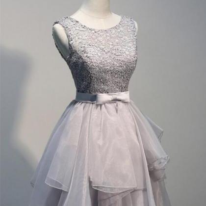 Grey Lace Sleeveless V Back Short Prom Dress,cute..