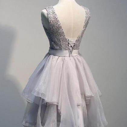 Grey Lace Sleeveless V Back Short Prom Dress,Cute A Line Homecoming