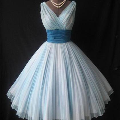 Cute Retro V Neck Light Blue Prom Dress,a Line..