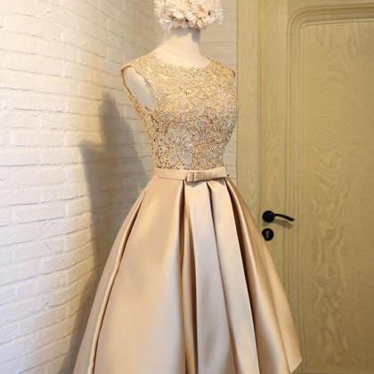 Champagne Lace Applique Cute Homecoming Dress,a..