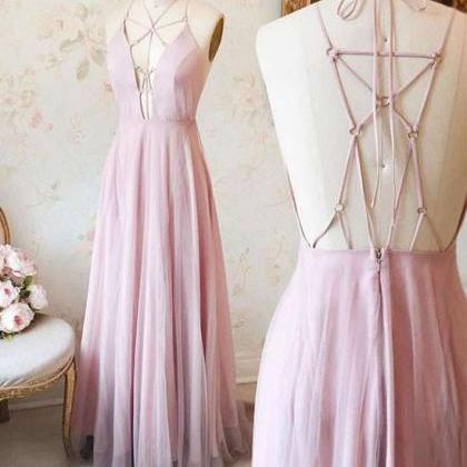 Unique V Neck Pink Long Chiffon Prom Dress,evening..