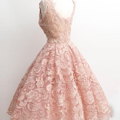Vintage Light Pink Lace Short Prom Dress,..