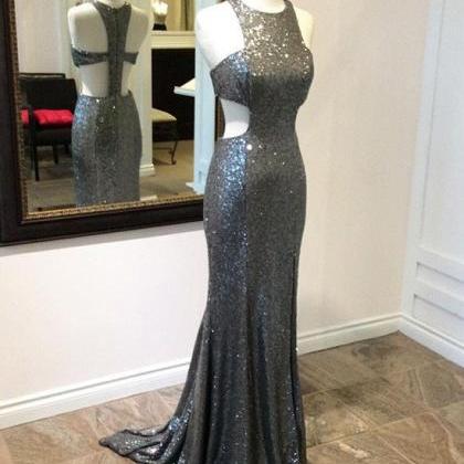 Unique Gray Sequined Mermaid Long Prom Dress, Gray..