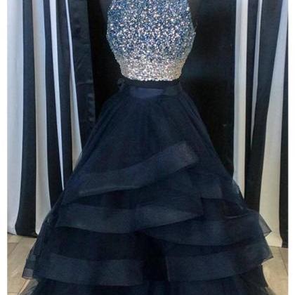Two Piece Navy Blue Luxurious Beaded Prom..