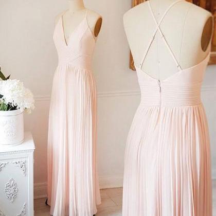 Pink Chiffon Floor Length V Neck Elegant Prom..