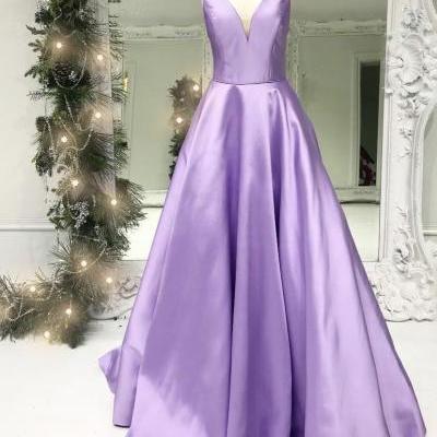 Charming Lilac Satin V-Neck Long Prom Dress,Lilac Evening Dress
