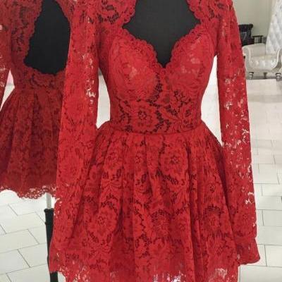 Red Lace High Neck Homecoming Dress long Sleeves Short Prom Dress 