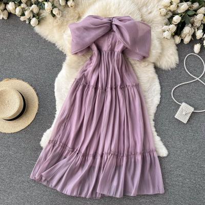 Purple off-the-shoulder chiffon floaty over-the-knee dress
