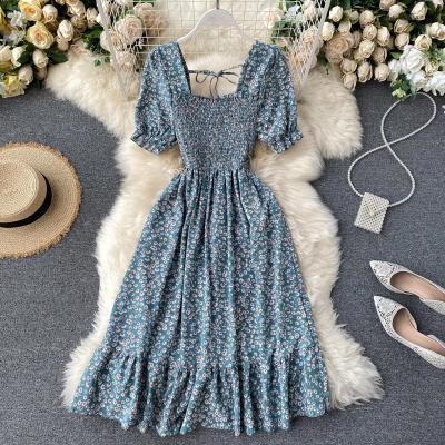 Sweet French Square Neck Short Sleeve Pleated Floral Chiffon Dress