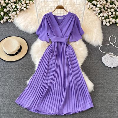 V-Neck Short-Sleeved Dress Over The Knee Lace-Up Pleated Long Dress