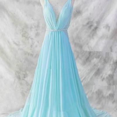 Charming Blue Chiffon Prom Dress,Floor Length V-neckline Prom Gown 2017,Baby Blue Evening Dresses,Blue Formal Dresses,Formal Dresses