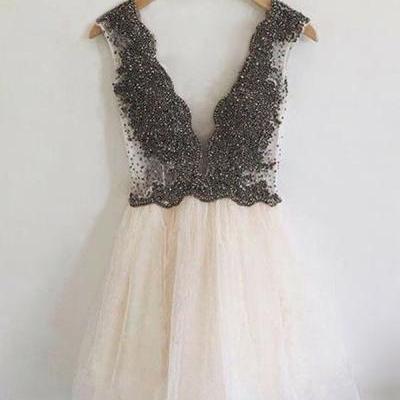 Lovely V Neck Black Beading Prom Dresses,A Line V Back Evening Dress,2017 New Arrival Homecoming Dress