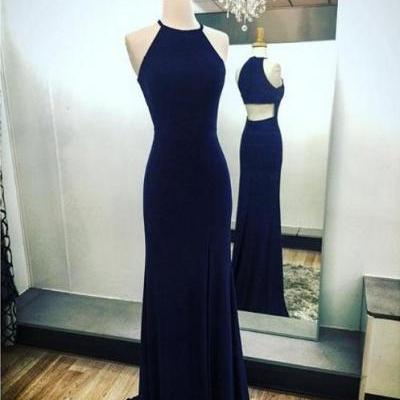 Elegant Halter Sheath Prom dress with Slit,Navy Blue Sweep Train Long Evening Gowns 