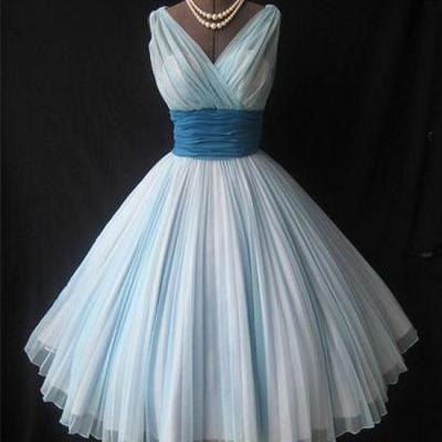 Cute Retro V Neck Light Blue Prom Dress,A Line Short Bridesmaid Dress