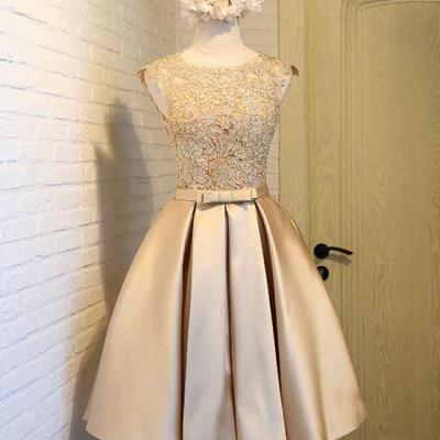 Champagne Lace Applique Cute Homecoming Dress,A line Graduation Dress, Short Prom Dress