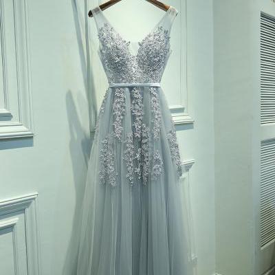 Elegant Grey Tulle Applique Floor Length Bridesmaid Dress,V Neck Sleeveless Prom Dress