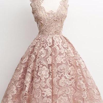 Vintage light pink lace short prom dress, Sleeveless bridesmaid dress