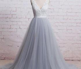 Gray v neck tulle lace applique long prom dress, lace evening dress main image 1