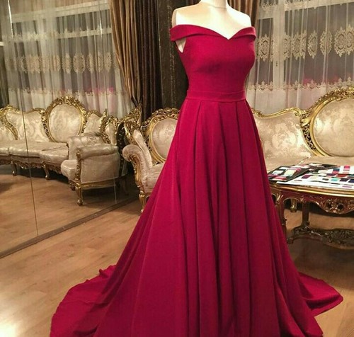 Red Sweetheart Long Formal Dress,off The Shoulder Sweep Train Prom Dress,simple Formal Dress