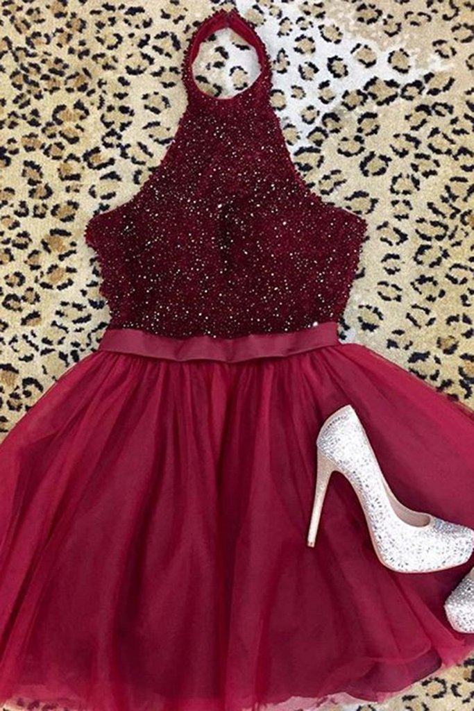 Burgundy Tulle Halter Backless Beaded Homecoming Dress,cute A Line Short Prom Dress,mini Dress For Teens