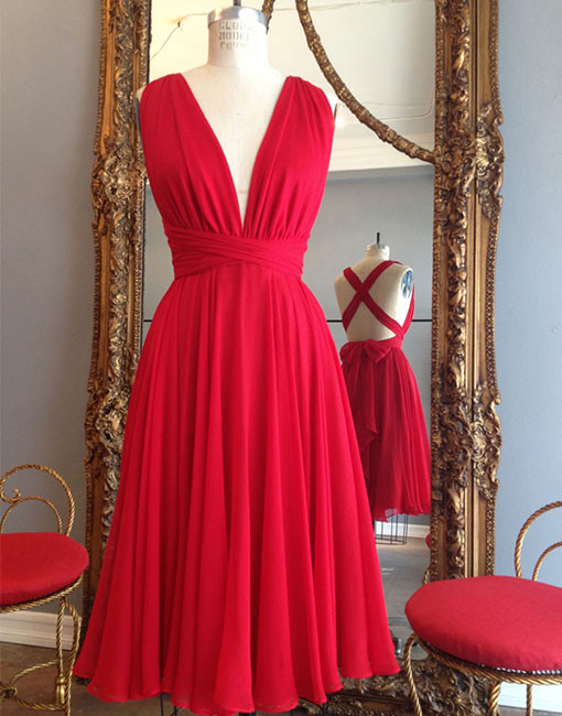 Simple Red V Neck Homecoming Dress,chiffon Bridesmaid Dress,cross Back Short Prom Dresses