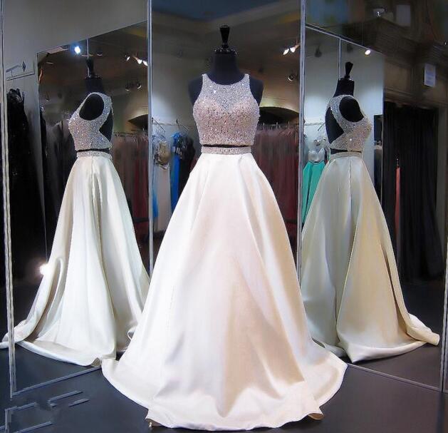 Elegant Two Pieces Beaded Prom Dress,ivory Long Prom Dress,open Back Two-piece Prom Dress