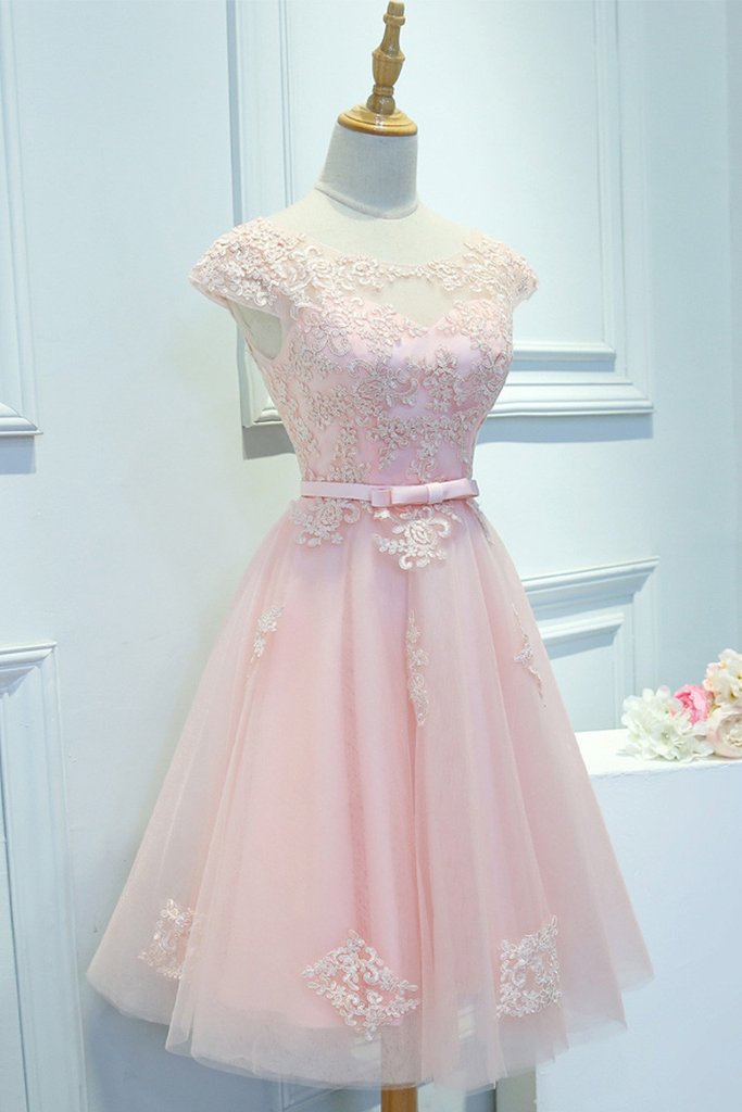 Pink Cap Sleeve Applique Short Prom Dress,round Neck Bridesmaid Dress With Sash