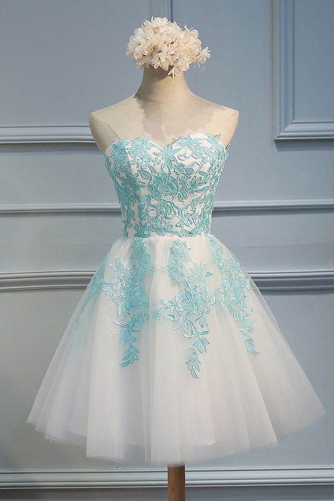 Sweetheart Green Lace Applique Tulle Short Prom Dress,cute Homecoming Dress