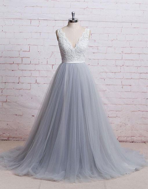 Elegant Gray V-neck Tulle Lace Prom Dress,a-line Long Prom Dress,lace Evening Dress With Sash