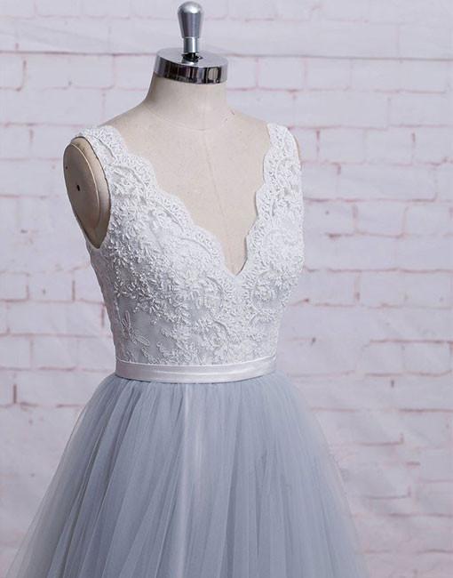 Gray v neck tulle lace applique long prom dress, lace evening dress main image 0
