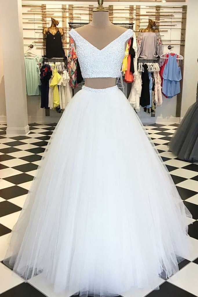 Charming White V-neck Two-piece Prom Dress,tulle Long Prom Dresse,sexy Beading Prom Gowns