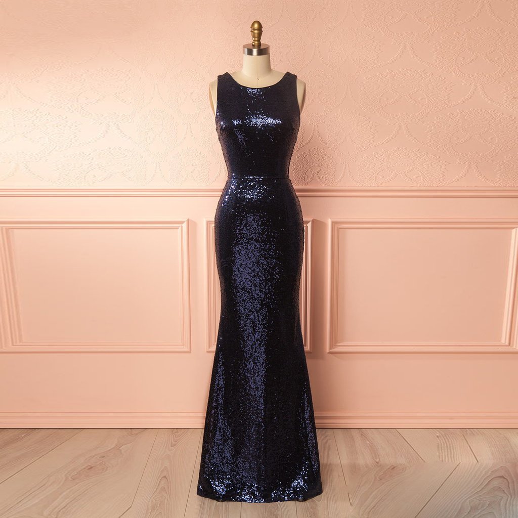 Navy Blue Sequined Mermaid Prom Dress,sleeveless Bateau Formal Gown With Open Back
